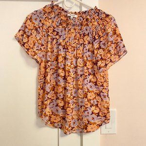 Madewell  Smocked Mockneck Top in Floral Flutter Sleeve Purple Orange Size S